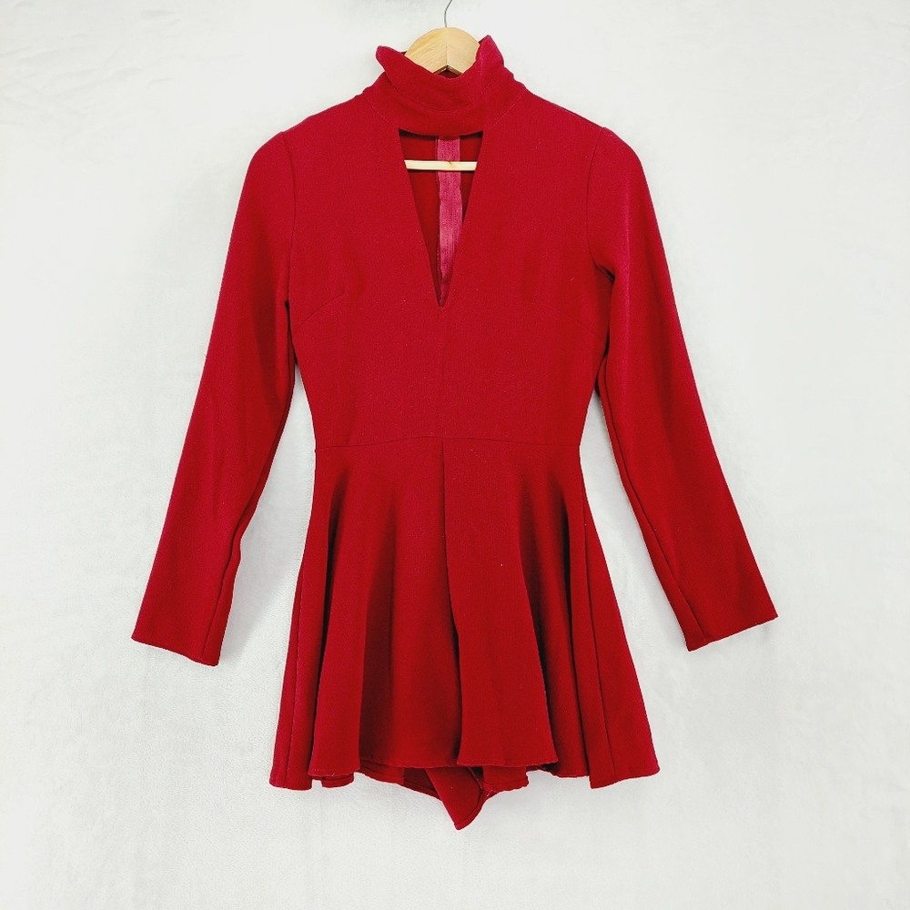 Lexi Drew Red Turtleneck V-Neck Cut Long Sleeve Short Evening Romper